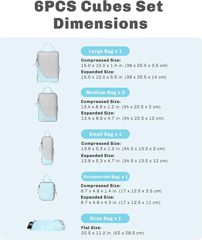 Hynes Eagle 6 Set/ 4 Set/ 2 Set Compression Packing Cubes Travel Essentials Lightweight Nylon Luggage Suitcase Organizer Bag Light Blue 6PCS - Image 2