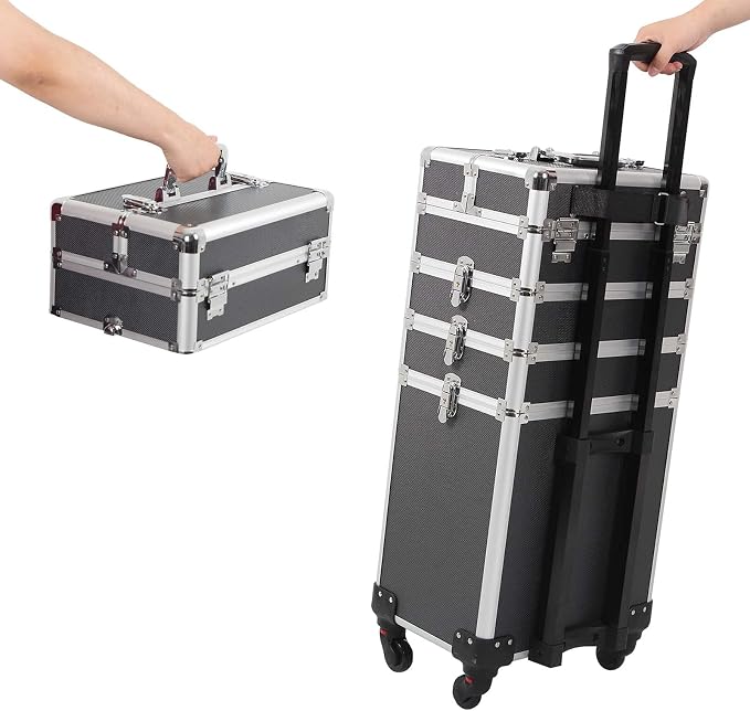 4 in 1 Rolling Makeup Train Case, Large Storage Cosmetic Trolley Makeup Travel Case with Key & Wheels Salon Barber Case Traveling Cart Trunk (Black) (0057) - Image 8