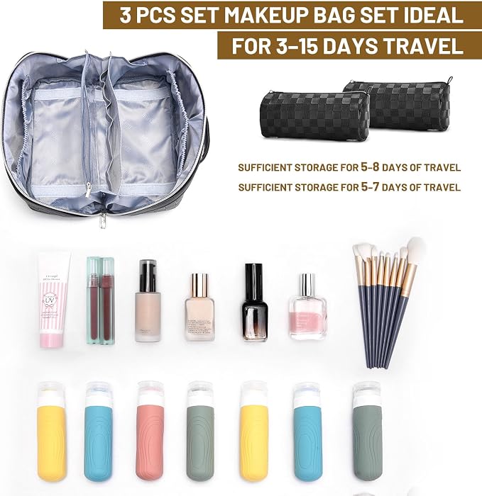 BOYATU Travel Makeup Bag Organizer: 3 Pcs Set Large Capacity Cosmetic Bags Holds 10–20 100ml Full-Size Bottles for 3–15 Day Trips - 180°Open-Flat Make up Case 3-sec touch-up - Toiletry Bag Gift women - Image 4