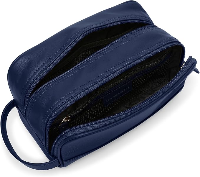 Leatherology Navy Blue Leather Toiletry Bag – Small Double Zip Dopp Kit – Full Grain Leather Travel Organizer with Water-Resistant Lining – Compact Grooming Bag for Men or Women - Image 4