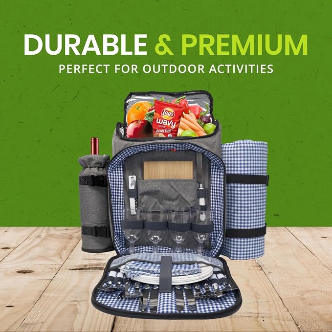 Nature Gear Picnic Backpack for 4, Insulated Picnic Set with Dinnerware, Wine Cooler, Blanket & Cutlery Service, Waterproof Outdoor Bag for Beach, Camping, Travel & Park, Blue - Image 2