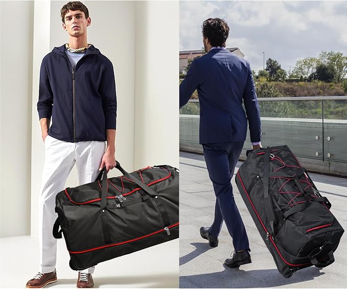 Bagenerous 110L/140L Expandable Soft-Sided Foldable Duffle Bag with 2 Rubber Wheels,Packable 32” Rolling Carry-On with Multi-Pockets & Compartments,Black Red - Image 2