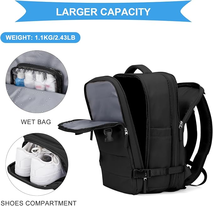 coowoz Large Travel Backpack For Women Men, Carry On Backpack,Hiking Backpack Waterproof Outdoor Sports Rucksack Casual Daypack Expandable Heavy Duty Extra large Backpack Black Expansion - Image 7