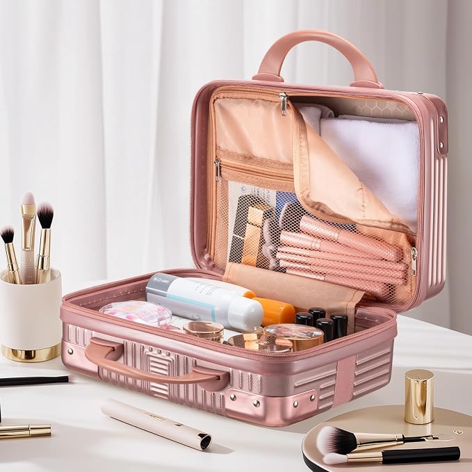Noverlife 14 Inch Portable Makeup Travel Case Hand Luggage, Pressure-proof ABS Carrying Makeup Case Suitcase with Elastic Band, Small Hard Shell Cosmetic Case for Travel Camping Women Girl - Rose Gold | 14 Inch Hard Shell Cosmetic Case for Women Girl, ... - Image 7