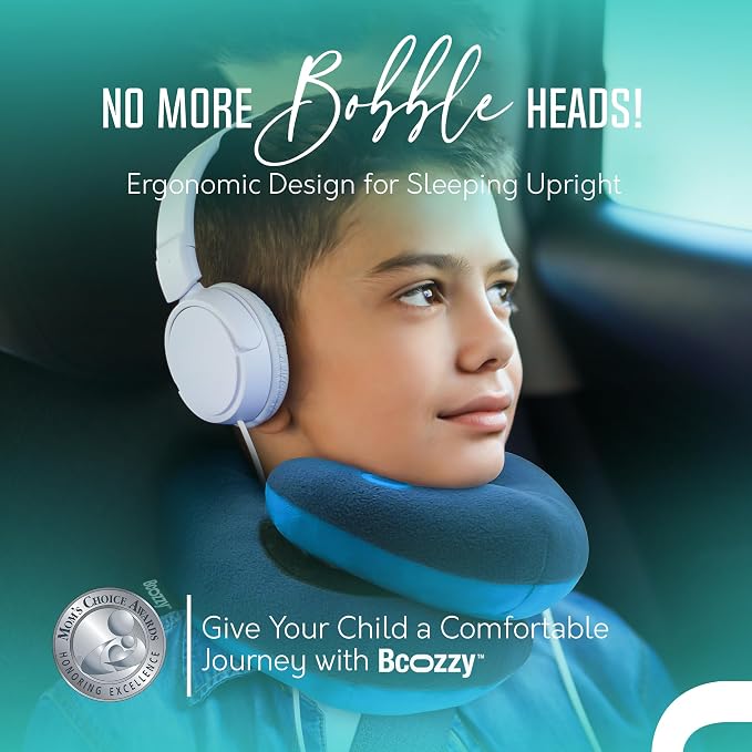 BCOZZY Kids Chin Supporting Travel Pillow for Ages 8–12- Patented Soft Neck Pillow for Head and Chin Support in Car Seat and Airplane. Comfortable Travel Essential. Medium Size, Bag, Light Blue - Image 2
