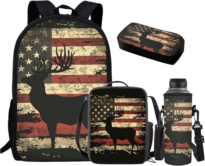 GIFTPUZZ Deer American Flag Backpack 4 Pcs Set Boys 10-12 | Pink, Pencil Case, Water Bottle Sleeve, Lightweight Kids Bookbag, Casual Travel Daypack by GIFTPUZZ