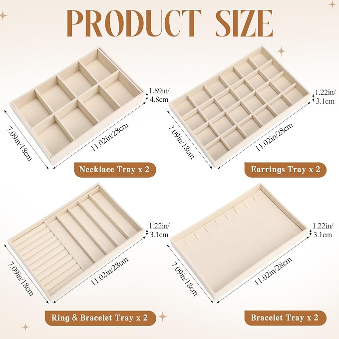 Tondiamo 8 Pcs Velvet Jewelry Drawer Organizer Trays Bulk 11.02 x 7.09 x 1.22 Inch Beige Stackable Jewelry Storage Inserts Set Tray Set with Removable Divider for Earrings Necklaces Bracelets - Image 2