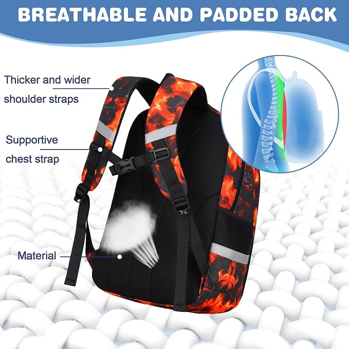 Bevalsa Backpack for Boys, School Bags for Kids, Bookbag for Boys Children Teens Backpacks for Elementary Middle High School Student, Bookbag and Lunch Bag Set with USB Charging Port (Orange Flame) - Image 5