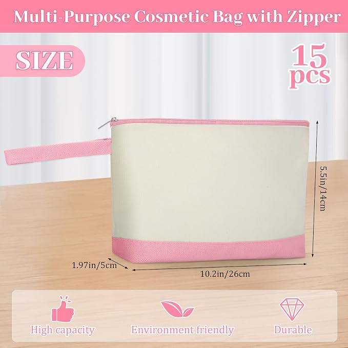 Silkfly 15 Pcs Cotton Canvas Makeup Bags Cosmetic Zipper Bags 10.2 x 5.5 x 2'' Blank DIY Pouch Bulk Pencil Case with Bottom Travel Toiletry Pouch for Women Craft Decor Gift (Fashion Color) - Image 2