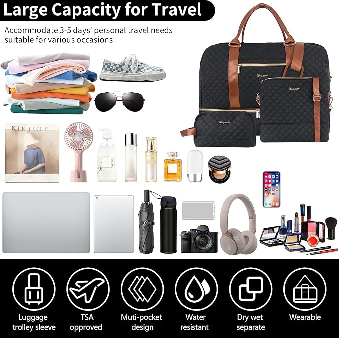 Wogarl 3PCS Weekender Bags for Women Large Overnight Bag Weekend Travel Duffel Bag Carry on Shoulder with Shoe Compartment Canvas Toiletry Bag for Travel Business Gym,Black - Image 7