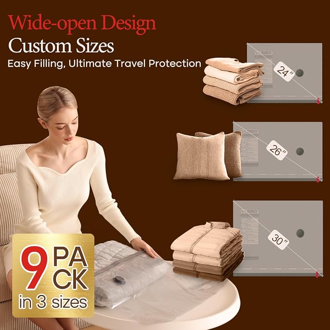 Vacbird 9 Pack Vacuum Bags for Travel with Rechargeable air Pump, Carry-on Size Vacuum Seal Bags for Luggage and Suitcase Compression, Space Saver for Clothes and Clothing Travel - Image 3