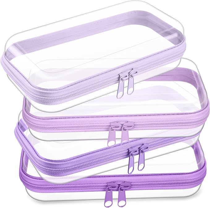 Hoolerry 4 Pcs Hard Clear Zipper Case Makeup Bags Plastic Zipper Pouch Transparent Storage Box Containers for Cosmetics, Snacks, Building Blocks, Puzzles(Clear,7.5 x 3.9 x 2 in,Purple) by Hoolerry