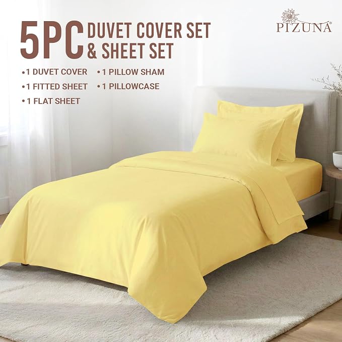 Pizuna Pure 100% Long-Staple Cotton Duvet Cover + Sheet Set Twin, Luxurious 400 Thread Count Long Staple Cotton, Soft Sateen Weave Bedding Set (Mellow Yellow) - Image 3