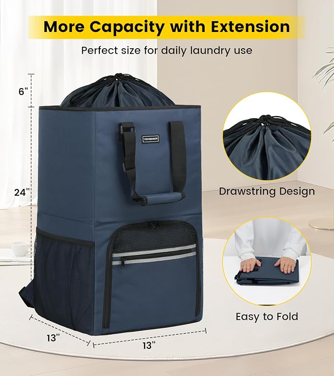 Vorspack Laundry Bag Backpack - Extra Large Laundry Bags with Shoulder Straps Heavy-duty 2 in 1 Laundry Hamper Basket for College Dorm Camp Laundromat Room Essentials - Blue - Image 2