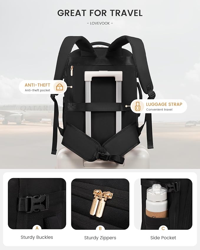LOVEVOOK Travel Backpack For Women & Men with Waist Strap,40L Waterproof Carry On Backpack Luggage Travel Essentials Flight Approved,TSA Personal ltem Travel Bag Weekender Daypack with 3 Packing Cubes - Image 8