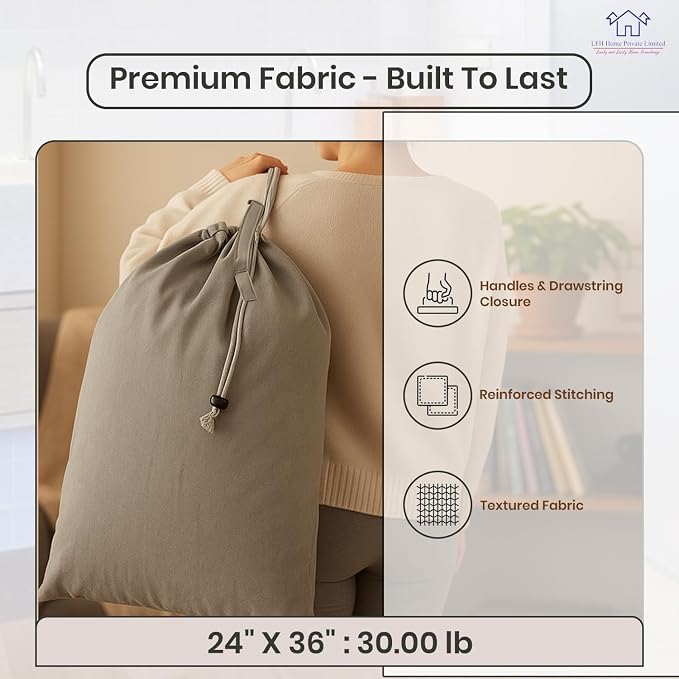 LFH Home Cotton Rich Large Laundry Bag with Handle, Heavy Duty Drawstring Closure Washable Laundry Bags, School Travel, Home, Hotel, College Dorm, Organizer Sack, Toys Clothes 24x36 (Pack 2)-Grey - Image 4