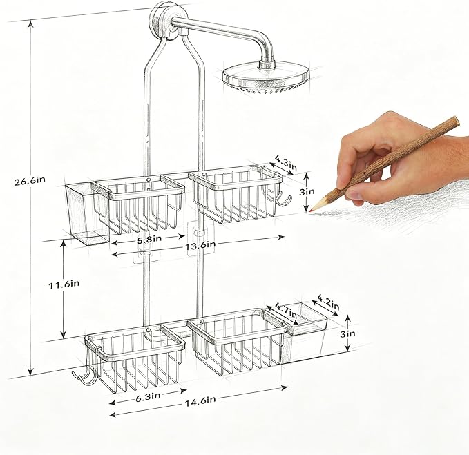 Adjustable Hanging Shower Caddy for Handheld Showerhead, Rustproof Aluminum Over Shower Head Organizer, Renter-Friendly No-Swing Storage for Tall Bottles & Soap, 2-Tier, Black - Image 2