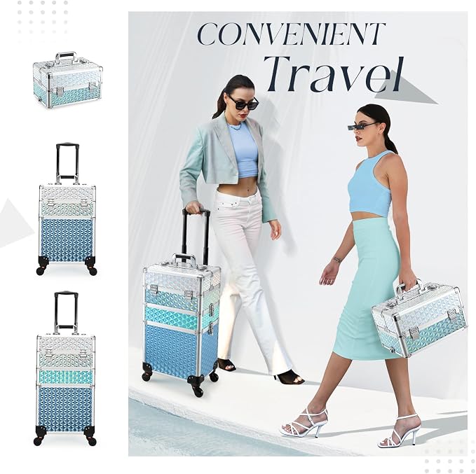 Professional Rolling Makeup Train Case 3 in 1 Aluminum Trolley Case with 360° Rotation Wheels for Makuep Artist Cosmetic Suitcase Organizer with Lock and Key Diamond Pattern - Turquoise Cascade - Image 2