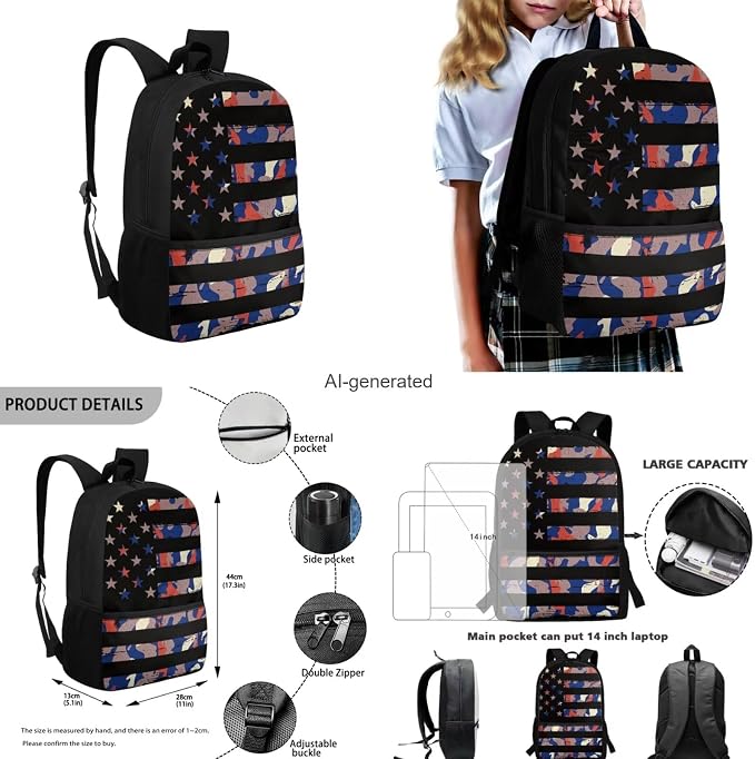 American Flag Camo Backpack for Boys Kids Backpack with Lunch Box Water Bottle Holder with Strap and Big Pencil Case 4PCS Set Bookbag with Front Pocket for School 17" Lightweight School Bag - Image 3