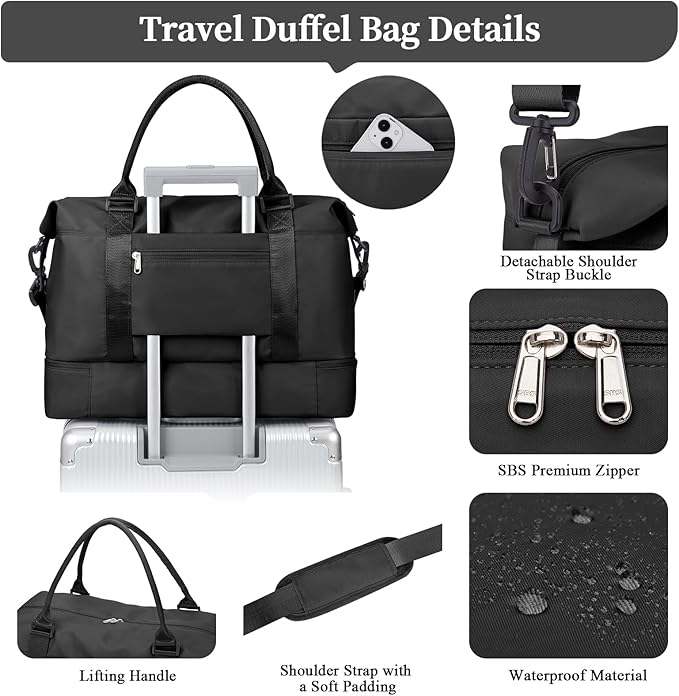 Weekender Bags for Women,Personal Item Travel Bag with Shoes Compartment | Overnight Travel Duffel Bag with Grid Travel Set,Carry-On Bag,3 Pcs Set,Extra Large - Image 7
