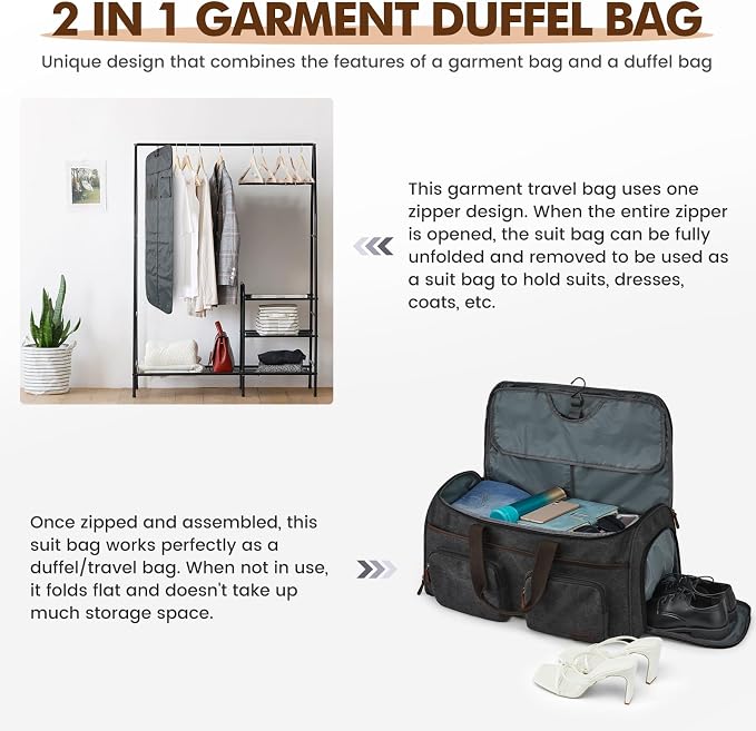Garment Bag for Travel, S-ZONE Duffle Bag for Men Travel Convertible Suit Bags Carry on Luggage Women Hanging Suitcase Travel Bag with Toiletry Bag | Soft Canvas, Black, Carry-on size, with Toiletry Bag, Adjustable Shoulder Strap, Trolley Sleeve, Shoe ... - Image 6