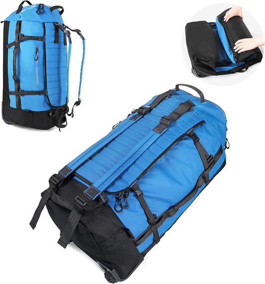 Vomgomfom 86L Foldable Duffle Bag with Wheels - Waterproof Rolling Travel Bag, Collapsible Luggage No Telescopic Handle, for Men Women Camping Sports Weekend Trips，Blue by Vomgomfom