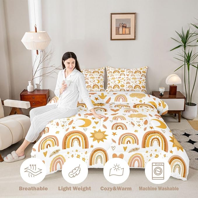 Rainbow Comforter Set, Sun Moon And Stars Duvet Insert Queen Size For Kids Girls Boys Teens Bedroom Decor, Bohemian Dream Catcher Feather Down Comforter Iridescent Branches Cartoon Quilt, Gold Yellow - Image 3
