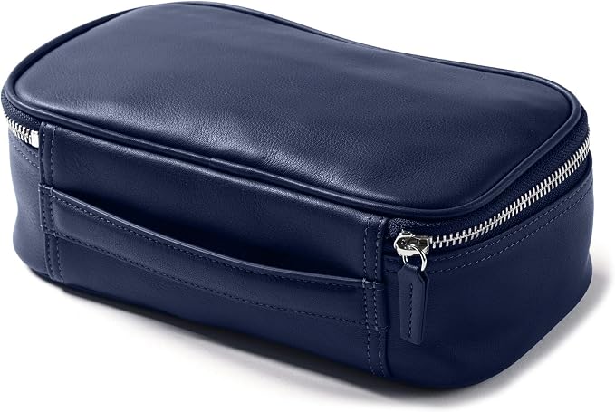 Leatherology Navy Blue Medium Leather Travel Organizer – Toiletry & Tech Case with Zipped Mesh Pocket, Elastic Loops & Water-Resistant Lining – Durable Storage for Everyday Travel - Image 3