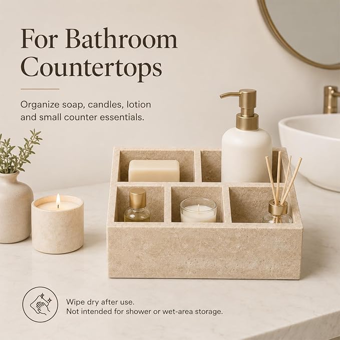 Travertine 5-Compartment Desk Organizer, Beige | Natural travertine with 5 compartments for pens, makeup brushes, skincare bottles, office supplies and vanity items - Image 4