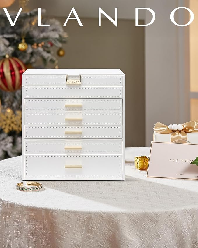 VLANDO 6 Layer Large Jewelry Box - Jewelry Holder Organizer, Jewelry Box Organizer for Drawer Necklace Ring Bracelet and Watch, Birthday Gift for Loved Ones - White - Image 2