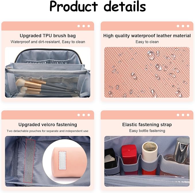 BOYATU Travel Makeup Bag Organizer Cosmetic Bag: 3 Pcs Set Make up Bags for Women with Handle - Waterproof Vegan Leather Toiletry Bags Travel Essentials Pouch with Compartments (C-05-Pink) - Image 6
