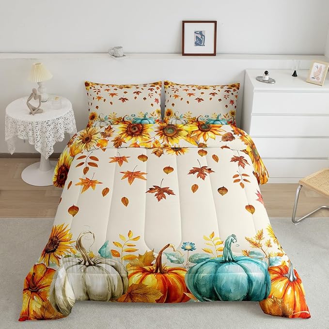 Fall Pumpkin Bedding Set For Home Full Thanksgiving Harvest Season Fruit Decor Comforter Set Autumn Fall Maple Leaf Quilt Comforter for Kids Teen Adults,Rustic Farm Sunflower Bed Sets 2 Pillow Cases - Image 2