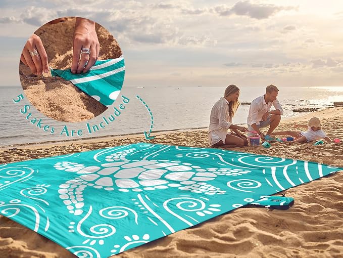 WEKAPO Beach Blanket Waterproof Sandproof Oversized Extra Large Sand Free Beach Mat with Stakes, Storage Bag - Essentials for Outdoor Beach, Picnic (Gradient Teal Sea Turtle, 11 X 9 FT (1~10 Person)) - Image 6