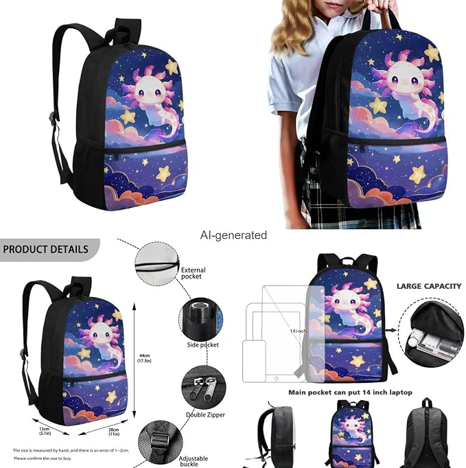 Axolotl Backpack for Girls Kids Backpack with Lunch Box Water Bottle Carrier with Strap and Cute Pencil Case 4PCS Set Bookbag with Front Pocket for School Large School Bag for Elementary Girls - Image 3