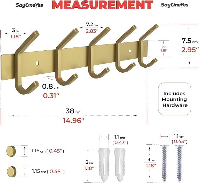 Brushed Gold Wall Mounted Coat Rack – 15 Inch Stainless Steel Rail with 5 Double Coat Hooks for Entryway, Bathroom, Bedroom, Kitchen – Modern Gold Hook Rack for Coats, Hats, Towels - Image 2
