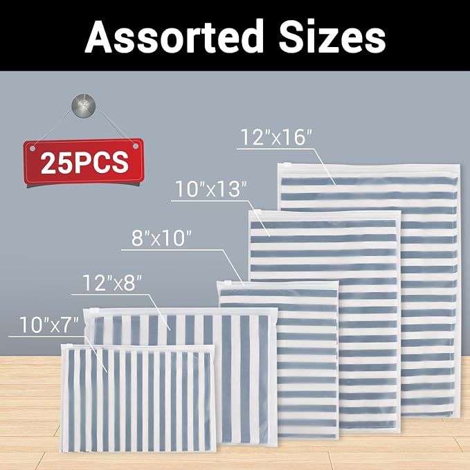 T Shirt Bags 3 Mil Thick, 5 Sizes 12x16" 10x13" 8x10" 12x8" 10x7" Pack of 25, Resealable Zip Packaging Poly Bags Durable for Business Packing Shipping Travel, Frosted, with Vent Hole - Image 2