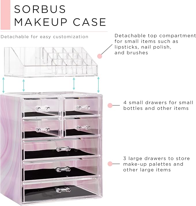 Sorbus Acrylic Makeup Organizer Set, 7-Drawer Vanity & Countertop Cosmetic Storage with Small & Wide Compartments, Tie Dye Makeup Storage for Brushes, Jewelry – Holiday Gift for Women & Teens - Image 3