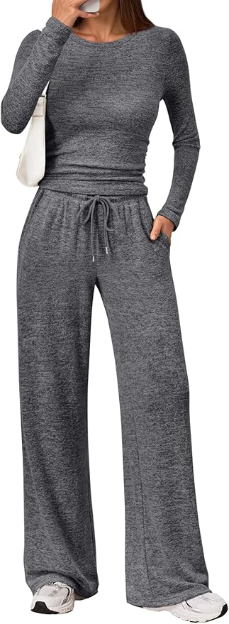 LILLUSORY Womens 2 Piece Matching Lounge Sets 2026 Fall Fashion Outfits | Long Sleeve Top & Drawstring Wide Leg Pants with Pockets, Workout Gym Comfort Sweat Suit, Travel Airport Vacation Clothing by Lillusory