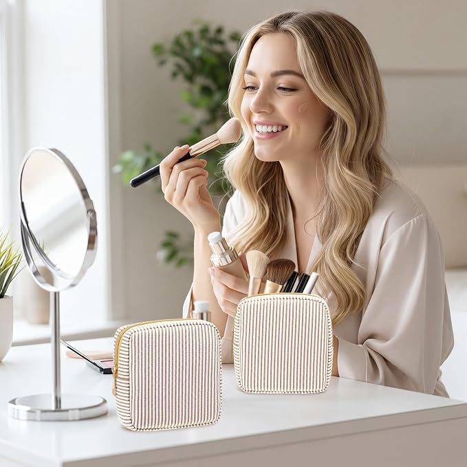 Sanwuta 6 Seersucker Cosmetic Bag Bulk Striped Makeup Bag for Women Aesthetic Cute Travel Toiletry Organizer Preppy Storage Pouch for Wedding Bridesmaid Mother's Day Teacher Gift (Small,Khaki) - Image 6