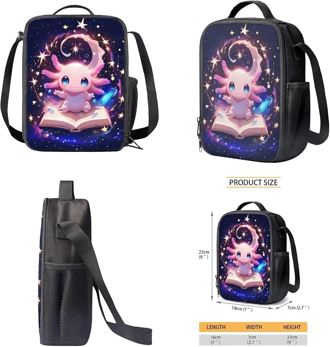 Reading Axolotl Kids Backpack & Lunch Bag Set, Lightweight Water-Resistant Bookbag with Padded Straps to Protects Shoulders, Leak-Proof Lunch Box Keeps Food Fresh fo 6+ Hours, Cute School Bag - Image 5