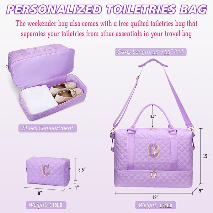 Monogrammed Gifts for Girls Initial Travel Duffle Bag Quilted Weekender Bags Carry-On Overnight with Cosmetic Bag, Gym Bag with Shoe Compartment Hospital Bag for Women Labor Delivery, Purple-C - Image 6