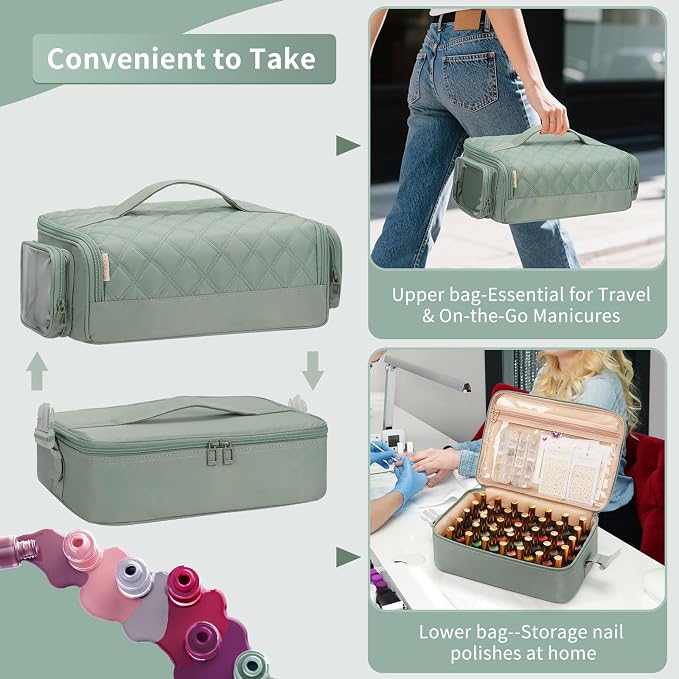 OCHEAL Nail Polish Organizer, Holds Nail Lamp and 45+ Bottles 2-in-1 Nail Polish Storage Case,Detachable Nail Techs Gel Kit Supplies Carring Bag for Manicurist Tools 45-Slot Nail Holder-Green - Image 3
