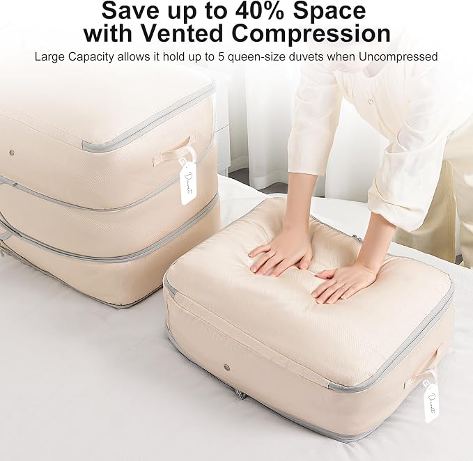 Comforter Storage Bag - Large Capacity Blanket Storage Bags 3-Layer Ultra Space Saving Self Compression Organizer, Washable Compression Bags for Storage Comforter Blanket, 4-Pack, Beige - Image 3