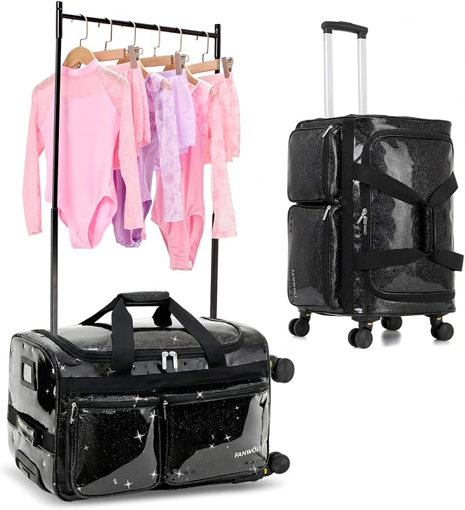 Fanwoli 23" Rolling Dance Duffel Bag with Garment Rack | Detachable 4-Spinner Wheels | Waterproof Glitter Fabric | Competition Travel Luggage for Cheerleader, Skating, Gymnast & Sleepover | Black by Fanwoli