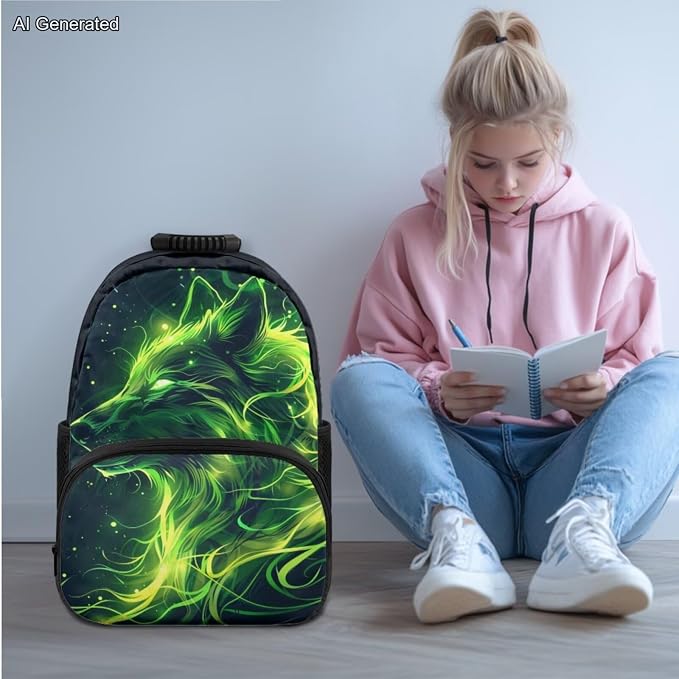 Green Wolf Kids Elementary School Backpacks For Boys with Lunch Box Soft Pencil Case Water Bottle Sleeve for Ages 6-10 4Pcs Set 17 Inch Large Capacity Lightweight Supplies School Gifts - Image 2