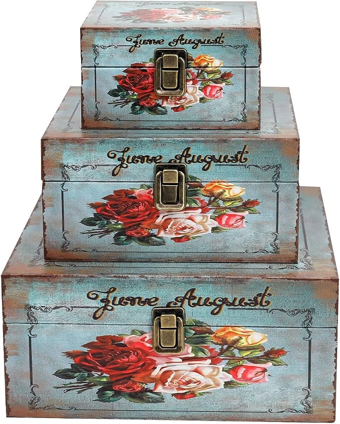 Jolitac Wood Storage Box Set of 3, Vintage Decorative Nesting Boxes Wooden Treasure Storage Crates With Latch, Home Decor Rustic Antique Boxes With Lid for Photos, Jewelry, Cash (Bloom) - Image 2