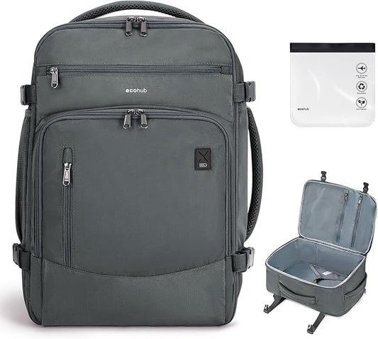 ECOHUB Travel Backpack for Men, 18x14x8 Frontier Airlines Personal Item Bag with Clear Toiletry Bag, Laptop Carry on Backpack with USB Port, Airline Approved Under Seat 14 Pockets 30L, Grey by ECOHUB
