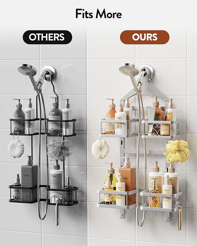 Orimade Adjustable Hanging Shower Caddy for Handheld Shower Heads, Rustproof Bathroom Shelf Organizer Over Showerhead Storage Rack with 8 Hooks, Easy-Clean Removable Baskets & Triple Anti-Slip, Silver - Image 9