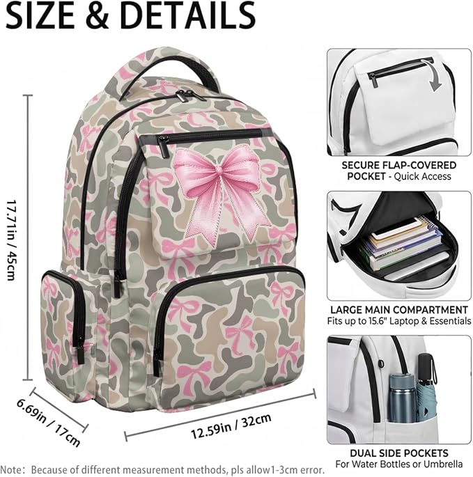 Pink Bow 4 Piece Kids Backpack Set, 17 Inch School Backpack with Lunch Bag, Pencil Case and Water Bottle Holder, Lightweight Multi-Pocket Bookbag for Elementary Middle School - Image 4