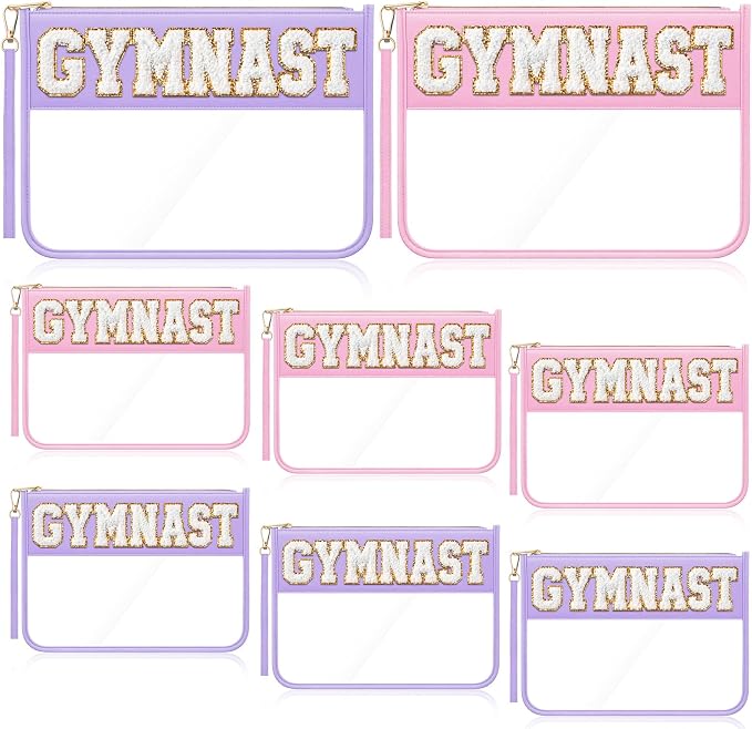 6 Pcs Gymnastics Gifts Cosmetic Makeup Bags, Pink Purple Clear PVC Zipper Pouch with Chenille Letter Patch, Waterproof Travel Toiletry Storage Bag for Team Girls Women Party Favor by Unknown